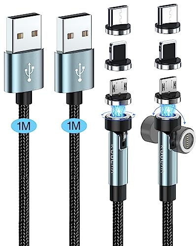 Kuulaa Lot de 2 câbles de charge magnétiques 3 en 1-1m + 1 m - Câble de charge magnétique 360° et 180° - Charge rapide 3 A et transfert de données - Pour produits de type C/Micro USB/i-Products