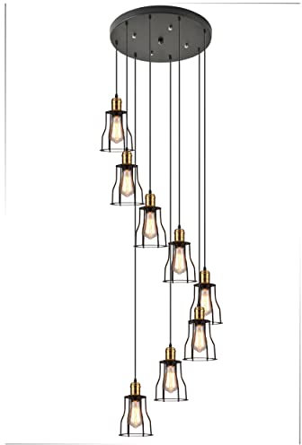 PAZWAHF Retro-Kronleuchter mit 8 Leuchten, hohe Decke, industrieller Käfig-Stil, Pendelleuchten, Kuppel, Unterputz-Hängeleuchte, Langer Kronleuchter für Foyer, Eingangsbereich, Treppenhaus