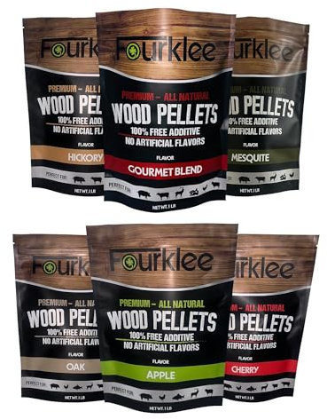 FOURKLEE - 6 Stück verschiedene Geschmacksrichtungen, Pellet-Grill, Pellets für Smoker-Grill, Holzpellets für Smoker, Räucherpellets, Holz, je 0,5 kg