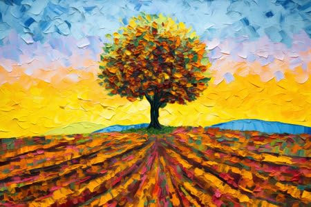 adrium Leinwand-Bild 60 x 40 cm: Ölgemälde-Stil eines Baumes in einem Feld aus bunten Herbstblättern. (207952362)