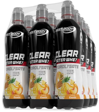 Best Body Nutrition Clear Water Whey Drink R2D – Trinkfertiges Clear – 12 x 500ml – 20g Protein pro Flasche – Fettfrei, Zuckerfrei – Exotic