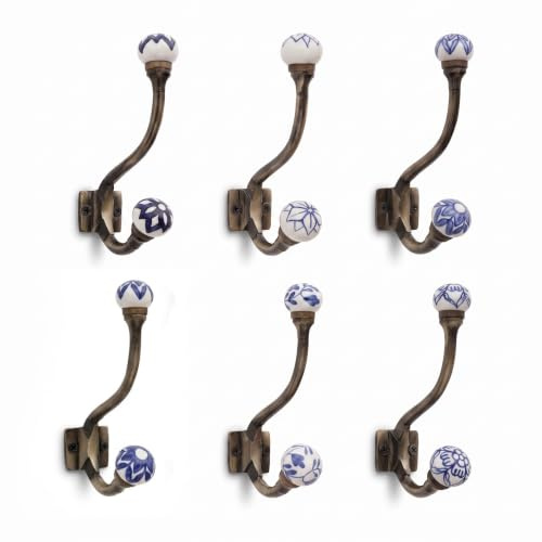IndianShelf 6 Pieces Heavy Duty Decorative Double Hooks for Hanging Blue White Unique Coat Hooks Vintage Coat Rack Wall Mount Double Prong Wall Hooks Towel Holder Backpack Purse Hanger- Style 17