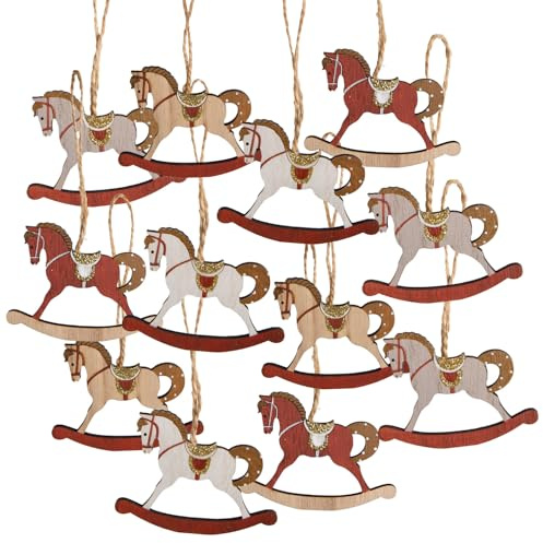 Logbuch-Verlag 12 Weihnachtsanhänger Schaukelpferde 5,5 cm – Nostalgischer Christbaumschmuck aus Holz rot beige