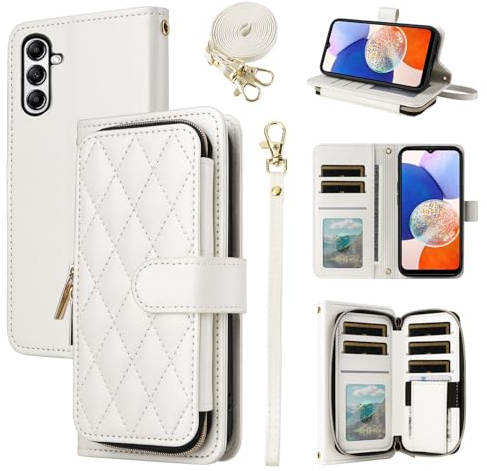 ELISORLI Wallet Case for Samsung Galaxy A34 5G with Detachable Wrist Strap,Crossbody Shoulder Strap,9+ Card Slots Zipper Purse,Luxury PU Leather Stand Cell Phone Cover for A 34 34A Girls Women White