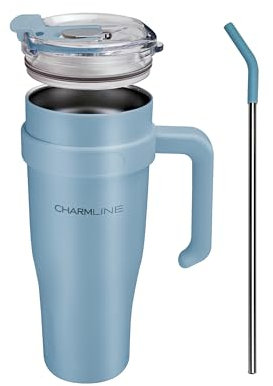 Charmline 40oz Kaffeebecher to Go Thermobecher, Doppelwandiger Edelstahl Vakuum Trinkbecher mit Deckel und Strohhalm,Tragbare Autobecher für Kalte Heiße Getränke, Himmelblau