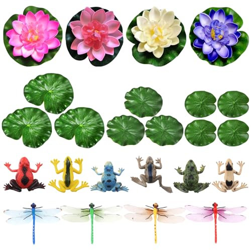 XMNIVATE 24-Piece Pond Decoration Set, Simulated Lotus Leaves, Lotus Flowers, Floating Water Lilies With Dragonflies, Frogs, Pond Decorative Ornaments, Immortal Lotus, Suitable For Pond Decorations