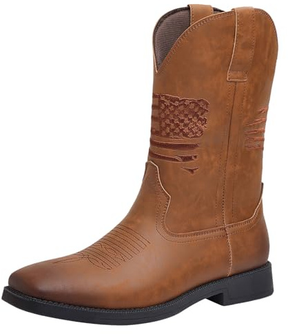 ANUFER Hommes Bout Carré Mi-Mollet Occidental Cowboy Bottes Marron EU43