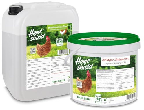 Home Shield Bundle - 2 kg Eimer Einstreu für Hühner & 15 kg Kanister Sandbad - Stalleinstreu & Staubbad zur Verbesserung der Stallhygiene für Hühner & Geflügel