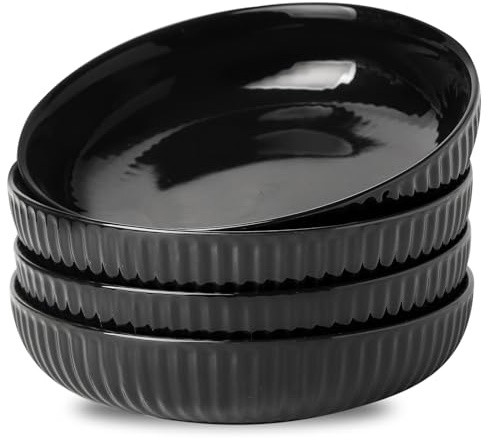 Hasense Pasta Bowls Set of 4, 30 oz Porcelain Dinner Bowls, Salad Bowls for Kitchen, Wide and Shallow Plates, Ideal Home Decor for Mother's Day Present, Microwave & Dishwasher, Oven Safe, Black