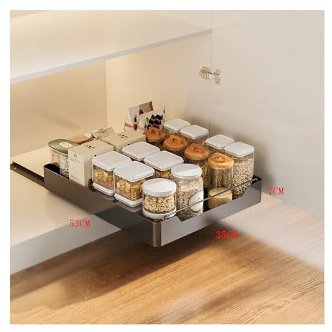 LIXQQS Platzsparende Teleskopschublade Ausziehbarer Küchenschrank Organizer: Aufbewahrungsbox und Gewürzregal mit Gleitschienen No-Drill Installation (Schwarz, 53 * 35 * 7 cm)