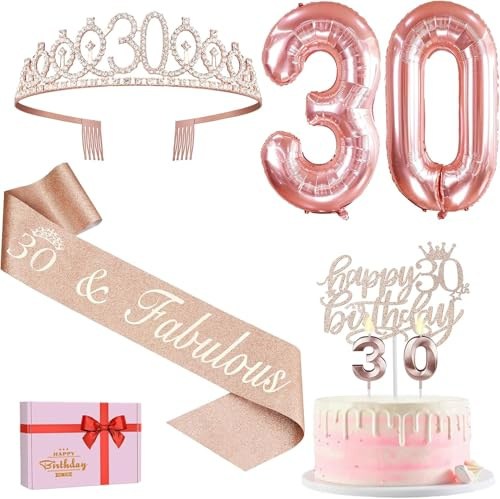 Amosking 30 Geburtstag Frauen Deko Roségold | 30 Geburtstag Krone, Schärpe, Tortendeko, Kerzen, Luftballons, Deko 30. Geburtstag Frauen