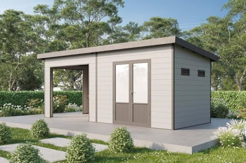 Finnhaus Wolff WPC Gerätehaus Tona 6024 28 Hellgrau Gerätehaus aus Holz/Kunststoff in Hellgrau, Geräteschrank mit 28 mm Wandstärke inklusive Schleppdach Gartenhaus