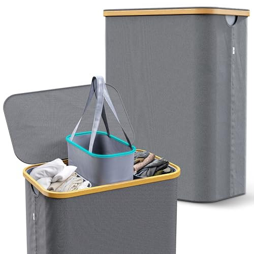 AURALIVING Wäschekorb 3 Fächer – 160L Wäschesortierer & Wäschesammler mit Deckel – Bambusrahmen & stabile Metallringe – Faltbar, schmal & mit 3 herausnehmbaren, waschbaren Säcken – Grau