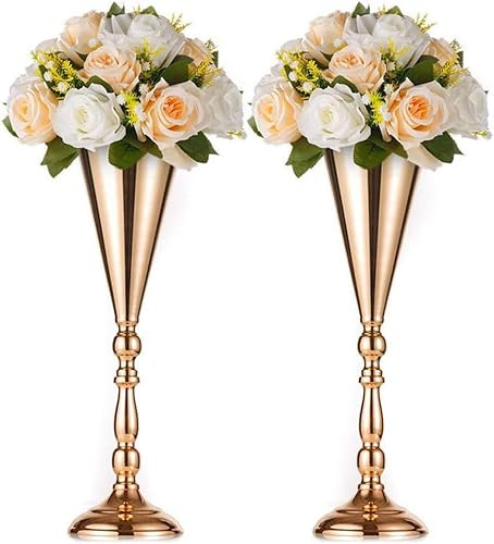 AWAOVV 2 Pcs Gold Vase, 42cm Tall Flower Trumpet Vases, Flower Stand Wedding Tall Vase, Metal Flower Arrangement Stand, Gold Floral Stand Display Rack for Party,Events,Birthday,Celebration Ceremonies