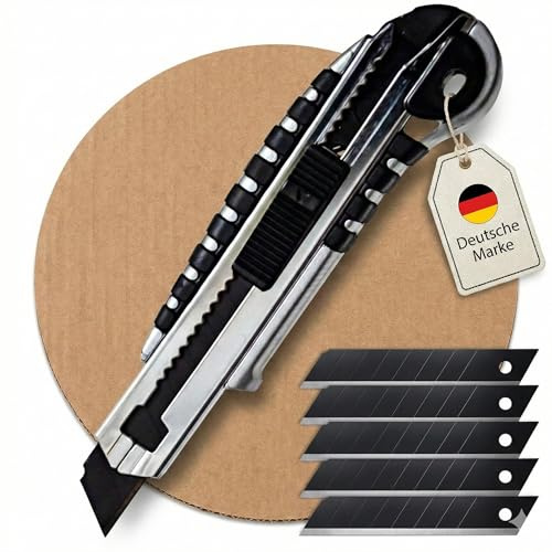 RINOZ® Profi Cuttermesser ultrascharf mit Magazin, Klingenführung aus rostfreiem Stahl für maximale Lebensdauer inkl. 5 Carbonstahl Abbrechklingen 18mm in Handwerkerqualität