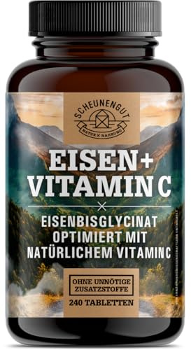 Eisenbisglycinat - Hochdosiert mit 20mg Eisen +40mg Vitamin C je Stück - Eisentabletten - Eisen Vitamin C optimiert - Vegan + Laborgeprüft -240 Stk- DE SCHEUNENGUT®