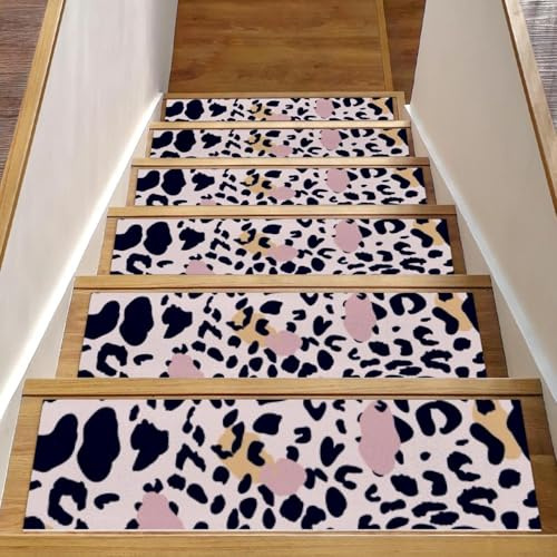 RODAILYCAY Alfombra para peldaños de escalera de leopardo, 15 almohadillas antideslizantes para peldaños de escalera de 8 x 30 pulgadas, para peldaños de madera en interiores, protectores de escalones