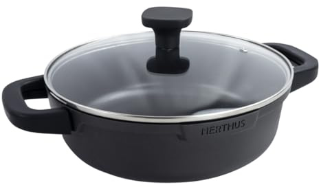 Nerthus FIH 1557 cacerola baja de aluminio fundido con revestimiento antiadherente quantanium apta para inducción, gas y vitrocerámica tapa de cristal con válvula y asas de silicona desmontables