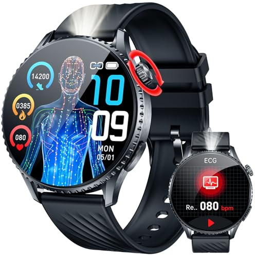 Montre Connectée Homme Smartwatch ECG: 1.56 AMOLED Écran Ronde Montre Hommes avec Appel Bluetooth Lampe de Poche LED Fitness Tracker 50+ Modes Sportifs Moniteur de HRV Smart Watch pour Android et iOS