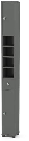 COSTWAY Badschrank schmal, Badezimmerschrank mit 2 Türen, 1 Schublade & verstellbaren Regalen, Bad Hochschrank platzsparend für Badezimmer, Wohnzimmer, 20 x 20 x 180 cm (Mit 4 Ablagen,Hellgrau)