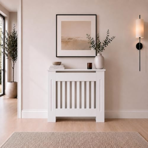 DuraTherm® Radiator Cover White Painted Modern Vertical Slat Shelves MDF Cabinet Shelf for Radiators, Living Rooms, Bedrooms, Small (W: 78cm / H: 81.5cm / D: 19cm)