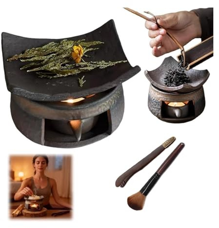 sloiaz Aromatherapie-Brenner aus Keramik, handgefertigter Duftlampenwärmer mit Teelichthalter, Aromatherapie-Brenner aus Zedernholz und Zen-Design for Raumduft und Meditation(Style a)