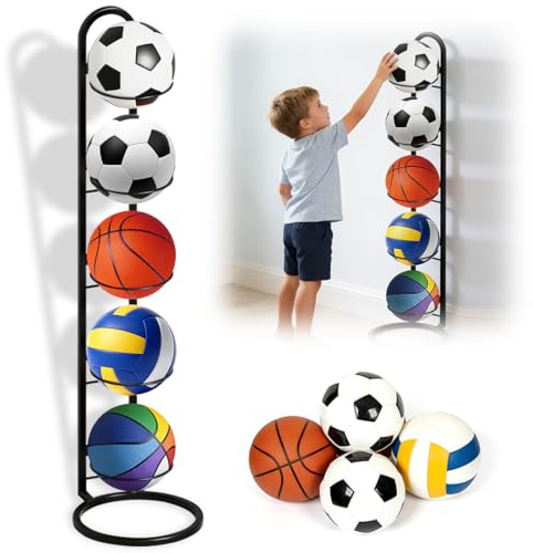 Supporto Palloni 5 Livelli Nero, Contenitore Verticale Per Palloni, Scaffale Smontabile In Metallo Resistente, Per Basket, Calcio, Pallavolo, Organizzatore Sportivo Per Casa, Palestra E Esterno