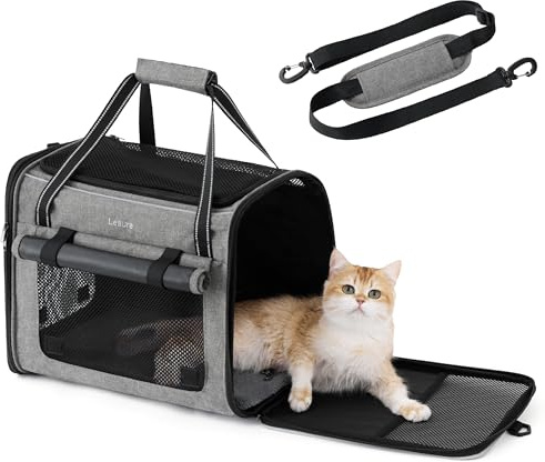 Lesure Faltbare Katzentransporttasche für Reisen, 43.5x29.5x34 cm, Hellgrau | Formstabile Katzentransporttasche Mit Atmungsaktivem Mesh, Auto-Sicherheitsgurt, Schultergurt und Herausnehmbarer Matte