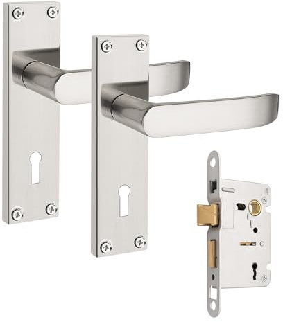 PinLin Entry Satin Nickel Door Handles, Elegant Door Handle Set, Victorian Straight Door Lever with 45mm Sashlock Latch, Ideal for Internal Wooden Bathroom and Toilet Doors