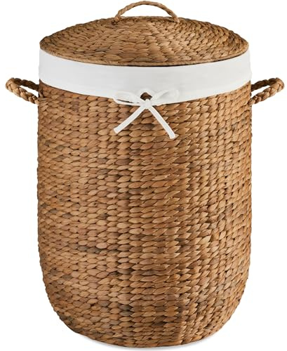 Best Choice Products Round Laundry Hamper w/Lid, Handwoven Laundry Basket, Built-in Handles & Removable Liner for Clothes, Towels, Blanket & Storage Organization - Chestnut