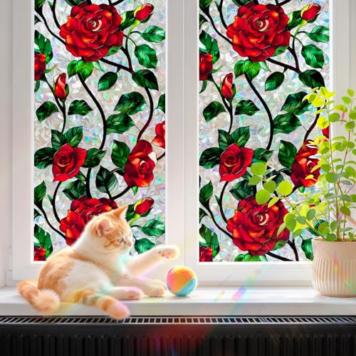 Zindoo Fensterfolie Sichtschutzfolie 3D Rosen Regenbogen 44.5 x 200 cm | Statisch haftend ohne Kleber, dekorativer Regenbogeneffekt, ideal für Fenster, Balkontüren, Bad, Küche und Wohnzimmer