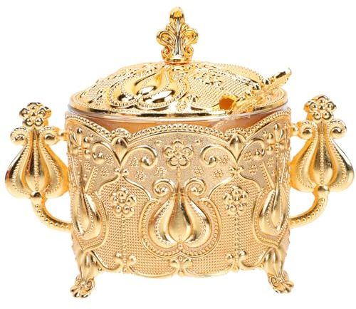 HOMSFOU Azucarero Metálico Dorado con Tapa y Cuchara, Tarro para Almacenar Azúcar y Condimentos, Diseño Europeo Vintage para Cocina y Comedor, 1 Unidad