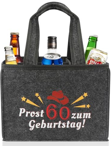ipow Filz Männerhandtasche Bier Flaschenträger zum Geburtstag für 60, Grau | Flaschentasche, mit 6 Flaschen Kapazität, hochwertiges Filz, wunderbares Geschenk für Herren, Vater, Sohn, Freund