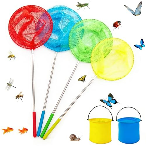 4 Pcs Extendable Fishing Nets with 2 Foldable Water Buckets Set, Telescopic Butterfly Net 38cm to 86cm, Colorful Insect & Fish Catcher with Fine Mesh, for Beach, Ponds, and Outdoor Exploration