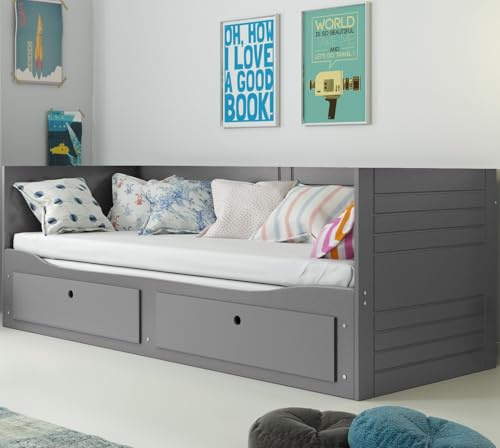 Interbeds Hermes Ausziehbares Bett Kojenbett 80x200 auf 160x200 cm Tagesbett Doppelbett Funktion Schlafsofa mit 2 Schubladen, MDF & Holz, Gästebett Kinder Jugend Erwachsene (grau)