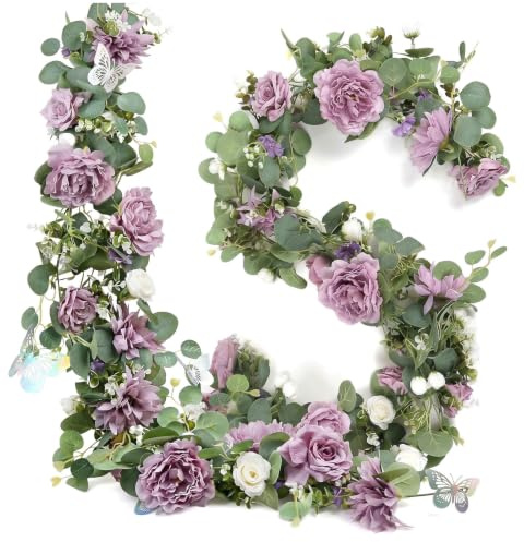 2 PCS Artificial Flower Garland with Butterflies, 5.9FT Purple Pink Eucalyptus Flower Vine Garland, Faux Hanging Floral Greenery for Wedding Arch, Wall, Fireplace, Party, Home and Garden Decor