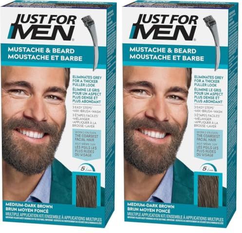 Just For Men Barbe & Moustache, coloration Barbe Homme, Naturel, Sans Ammoniaque, Élimine les Poils Gris, Avec Peigne Applicateur, Couleur Moyen Foncé M40 (Lot de 2)