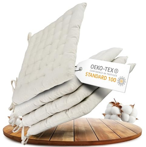 Gräfenstayn® 4er-Set Baumwoll-Sitzkissen 40x40x5cm mit Haltebändern für Indoor und Outdoor mit Öko-Tex Siegel - (Creme)