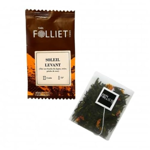 CAFÉS FOLLIET - Thé Vert - Soleil Levant - Du Japon - Pétales de rose - Antioxydant - Sachets d'origine végétale- 24 Sachets