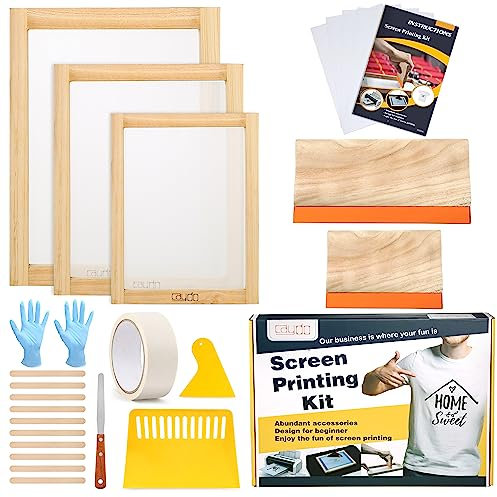 Caydo 23-teiliges Siebdruck-Starter-Set enthält 3 Verschiedene Größen von Holz-Siebdruckrahmen mit Netz, Siebdruckabzieher, Tintenstrahl-Transparenzfolie, Tintenmesser und Maskenband