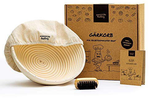 tastory Juego de cestas para masa madre Tastory® Cesta de fermentación redonda de 25 cm hecha de ratán con inserto de algodón y cepillo de madera | Cesta de fermentación de pan de 1kg ideal para elab