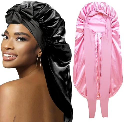 WOZUTUNT Lot De 2 Bonnets Tressés pour Femmes Noires, Grand Bonnet Long en Satin pour Tresses De Sommeil, Bonnet en Soie pour Femmes Noires avec Bandeau Extensible (Noir Et Rose)