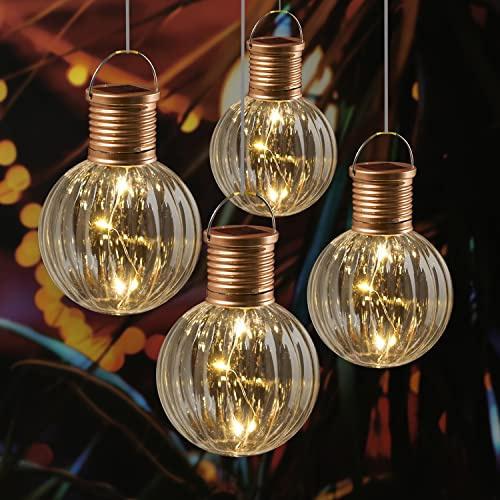 LED Solar Glühbirnen GLOW Kugelleuchten Mini Glühbirnen 4 warmweißen LED an Drahtlichterkette für Garten Balkon Terrasse mit Lichtsensor H: 11cm, D: 8cm Gartenbeleuchtung Solar Glühlampen (4er Set)