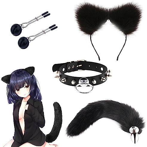 Qoosea 4 Piezas Plugs Anals de Acero Inoxidable con Cola de Zorro, Masturbador de Ano Anal Abrazaderas para Pezones + Collar + Orejas de Gato SM Juguete Sexual Butt Plug para Parejas Cosplay