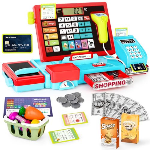 Cash Register Toy for Kids-52PCS Calculator Cash Register, Pretend Play Store Shopping Toy with Music, Scanner&Credit Card, Play Money&Pretend Food&Microphone, Toy Playset Gift for Toddler Boy&Girl 3+