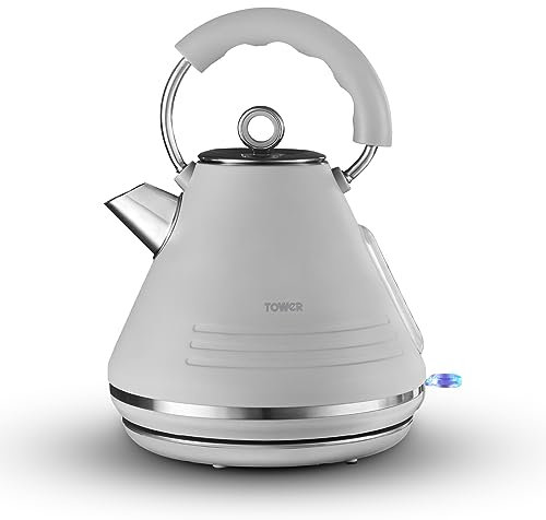 Tower T10074GRY Ash Rapid Boil Pyramid Kettle with Easy Open Lid, Removable Filter, 1.7L, 3KW, Grey and Chrome