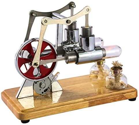 keppy Kit de motor Stirling modelo de motor caliente, modelo físico de generador de motor dual con luz LED, diseño de volante, experimento científico, base de madera, educación para profesores,