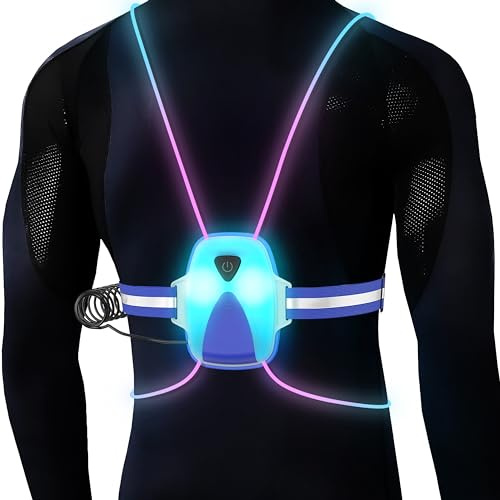 QiMH Led Reflective Vest Lights, Runners Lights with Front Light Safety USB Rechargeable Reflective Night Lights for Men Women Running Walking Cycling, 3 Lighting Modes, 7 Colors