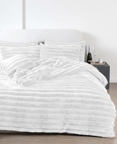 Big Cord Teddy Fleece Duvet Set, Chunky Ribbed Warm Cosy Fluffy Bedding With 2 Pillow Cases Soft V-Shape Cover & Cushion Covers Thermal Curtains Ring Tops Bedroom Accessories (White, Double)