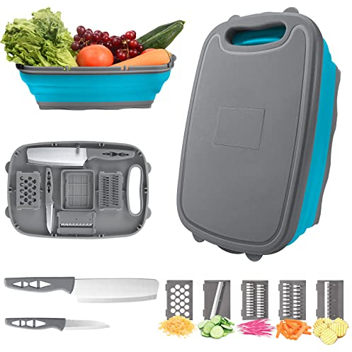 HI NINGER 9 in 1 Multifunktionales Schneidebrett – Faltbare Küchenhilfe mit 5 Gemüseschneidern, 2 Messern & Abflusskorb – Tragbares Schneidbrett aus Kunststoff für Camping, Grillen & Outdoor（BlueGray）